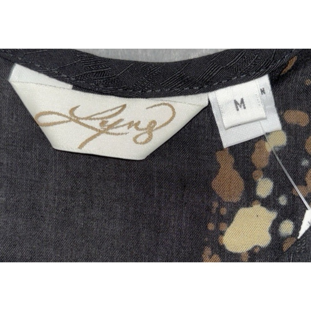 Lyng Button Up Tunic‎ Blouse Size Med Brown Black Abstract Rayon Long Sleeve NWT - Picture 3 of 10
